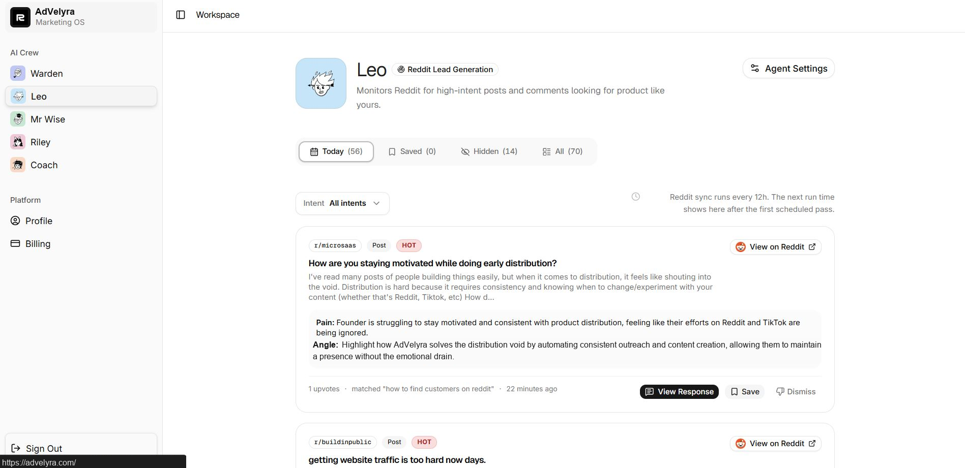 A social listening dashboard showing filtered Reddit posts for finding SaaS customers